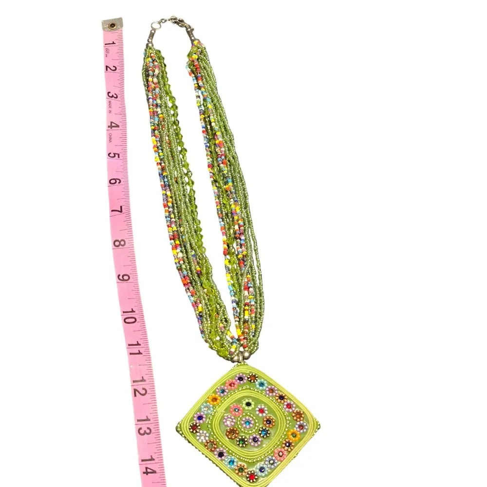 Multistrand Green Beaded Statement Necklace Large Mosaic Pendant Boho Artisan